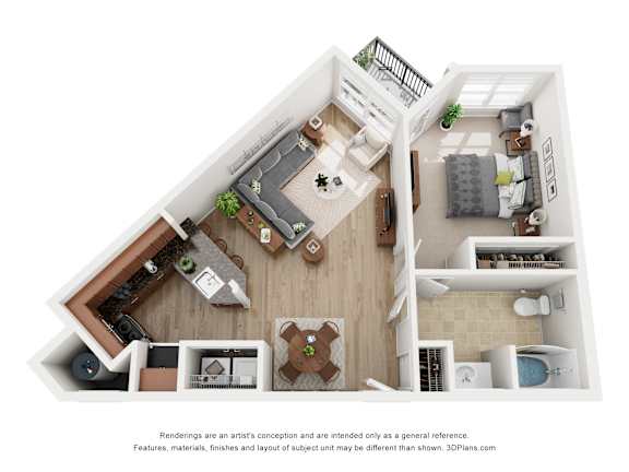 A 3D floor plan of a house with a kitchen, living room, and bathroom.