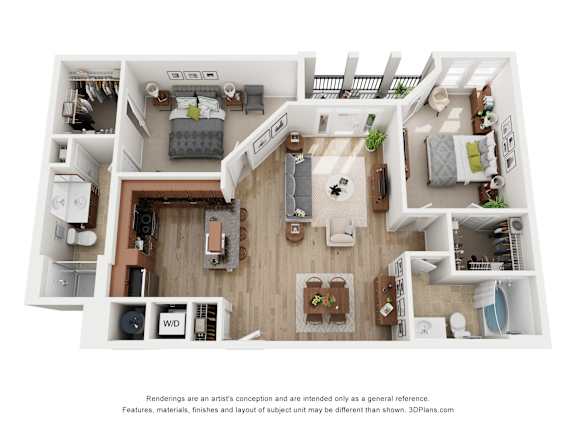 A 3D floor plan of a small apartment with a kitchen, living room, and bathroom.