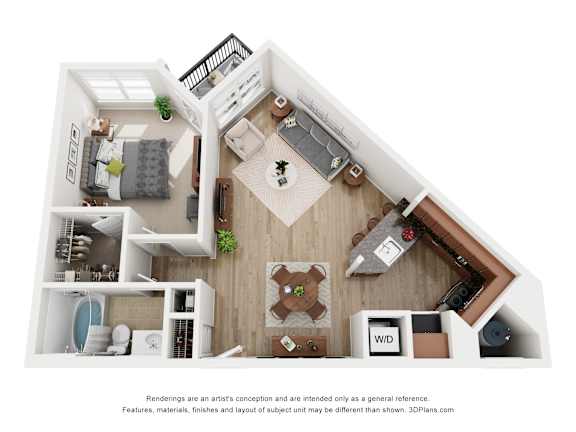 A 3D floor plan of a small apartment with a kitchen, living room, and bedroom.