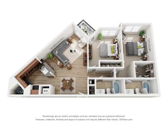 A 3D floor plan of a house with a kitchen, living room, and bathrooms.