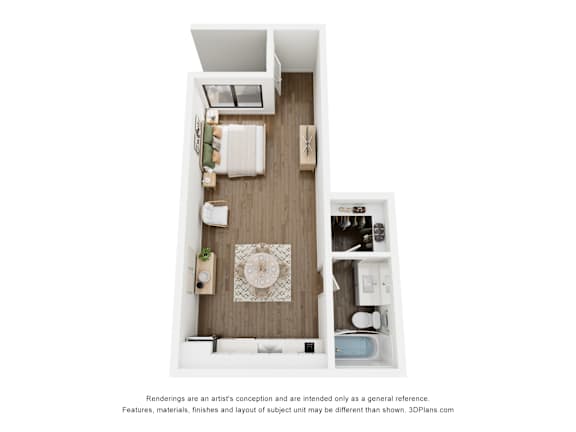A top down view of a small apartment with a kitchen, living room and bathroom.
