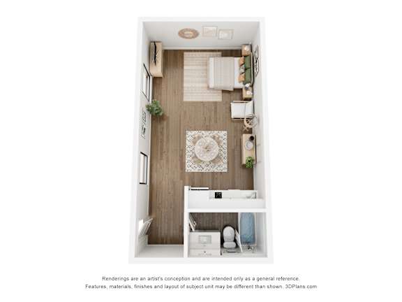 A 3D floor plan of a small apartment with a kitchen, living room, and bathroom.