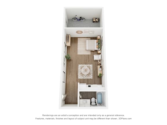 A 3D floor plan of a small apartment with a kitchen, living room, and bathroom.