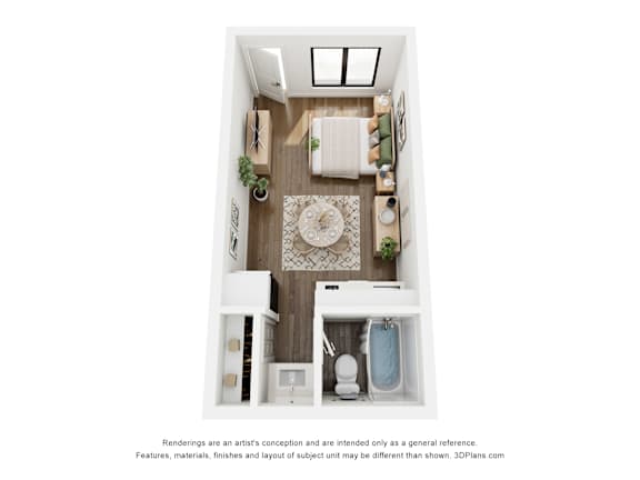 A 3D image of a small bathroom with a toilet, sink, and bathtub.