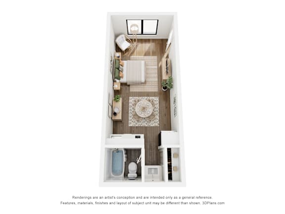 A 3D floor plan of a small apartment with a kitchen, living room, and bathroom.