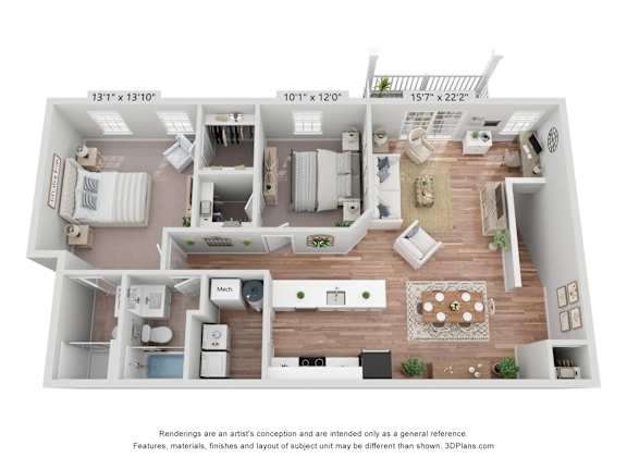 A 3D floor plan of a house with a kitchen, living room, and two bedrooms.
