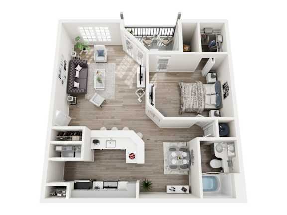 A top-down view of a small apartment with a kitchen, living room, and bathroom.