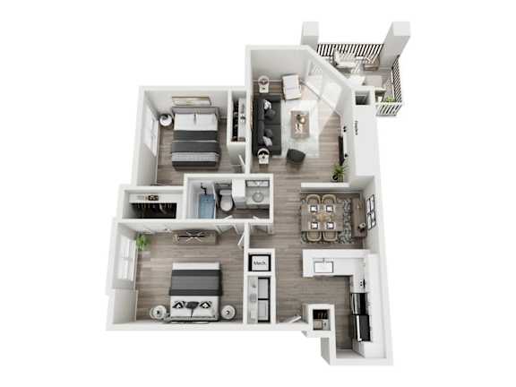 A top-down view of a modern apartment layout.