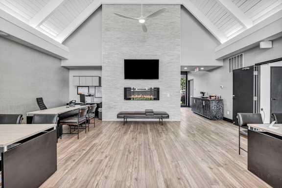 A modern living room with a fireplace and a television.