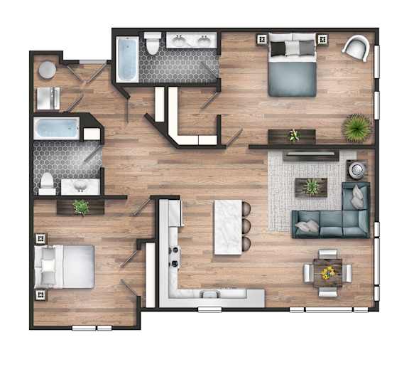 A top-down view of a living room, kitchen, and dining area.