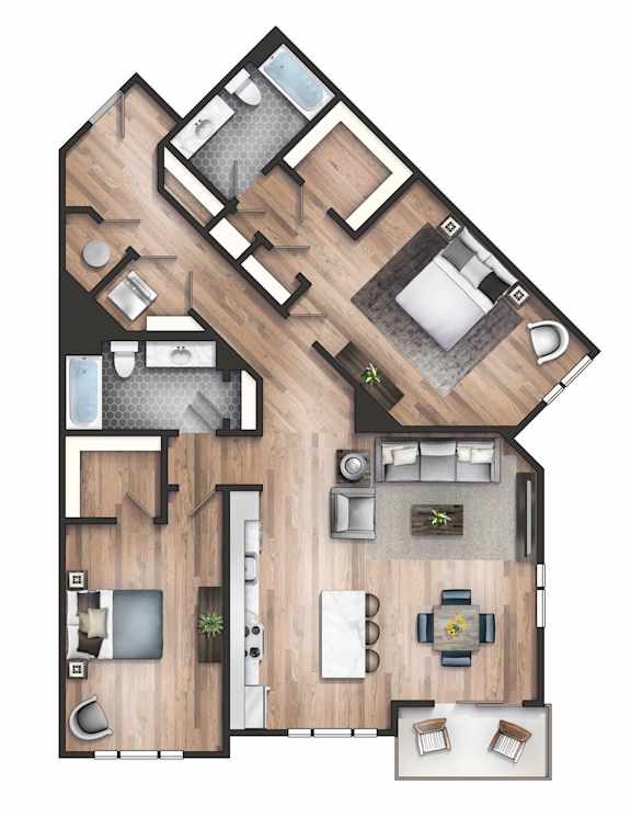 A top-down view of a house floor plan with a living room, kitchen, and bedrooms.