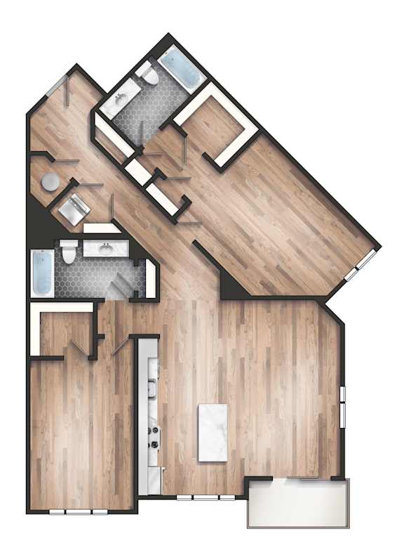 A top-down view of a house with a kitchen, living room, and bedrooms.