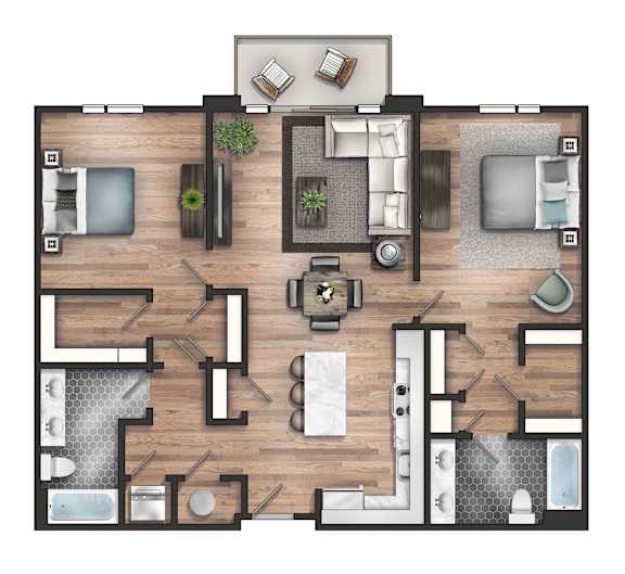 A top-down view of a house layout with a kitchen, living room, and bathrooms.