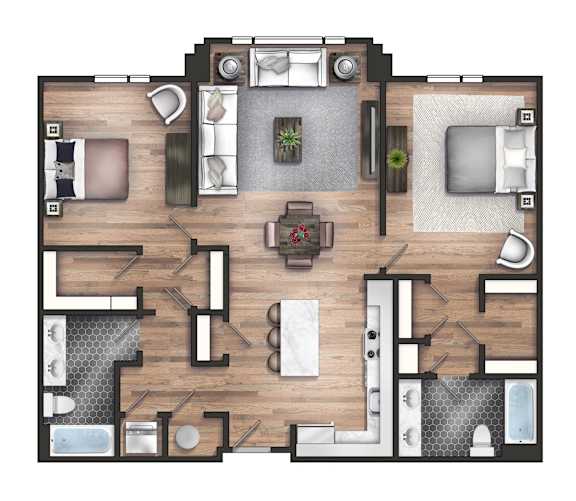 A top-down view of a house layout with a central living area, bedrooms, and bathrooms.