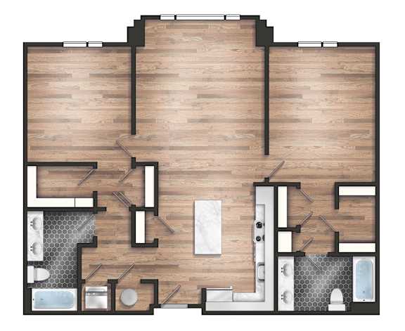 A top-down view of a house floor plan with a kitchen, living room, and bathrooms.