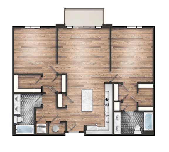 A top-down view of a modern apartment layout with a kitchen, living room, and bathroom.