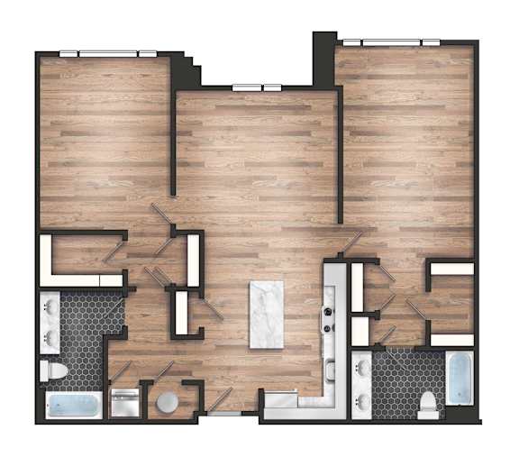 A floor plan of a house with a kitchen, living room, and bathrooms.