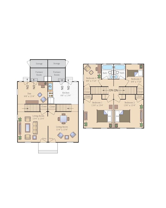 A floor plan of a house with two bedrooms and a living area.