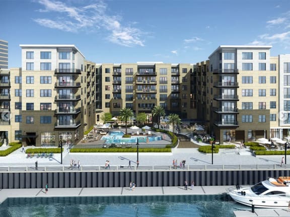 Aerial View of Resort-Inspired Salt Water Pool With Splash Decks at Pier 33 Apartments at Pier 33 Apartments, Wilmington, NC, 28401