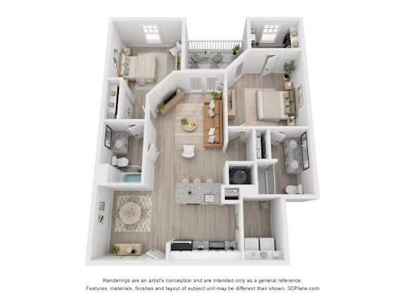 A 3D floor plan of a house with a kitchen, living room, and two bedrooms.