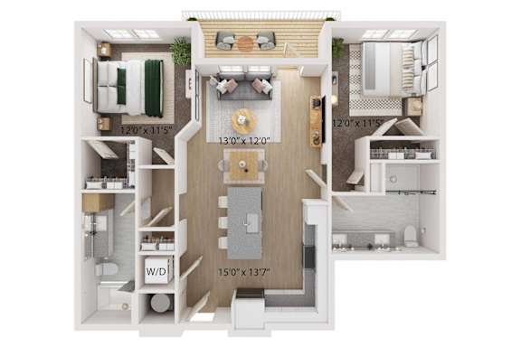 A 3D floor plan of a small apartment with dimensions.