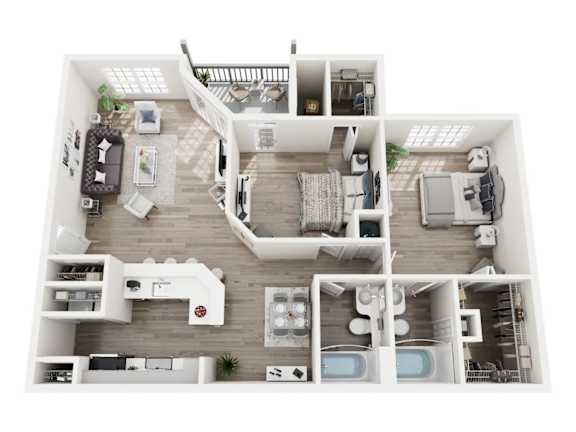 A top-down view of a modern, white-walled apartment with a kitchen, living room, and bedrooms.