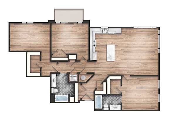 A floor plan of a house with a kitchen, living room, and two bedrooms.