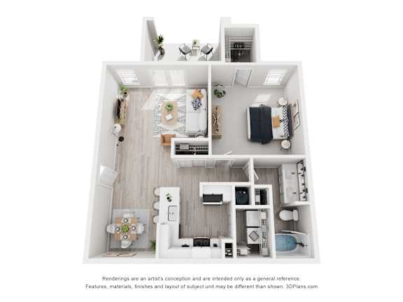 A white 3D floor plan of a house with a kitchen, living room, and bathroom.