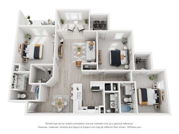 A 3D floor plan of a house with multiple rooms and furniture.