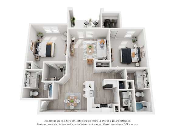 A floor plan of a house with a living room, two bedrooms, a bathroom, and a kitchen.