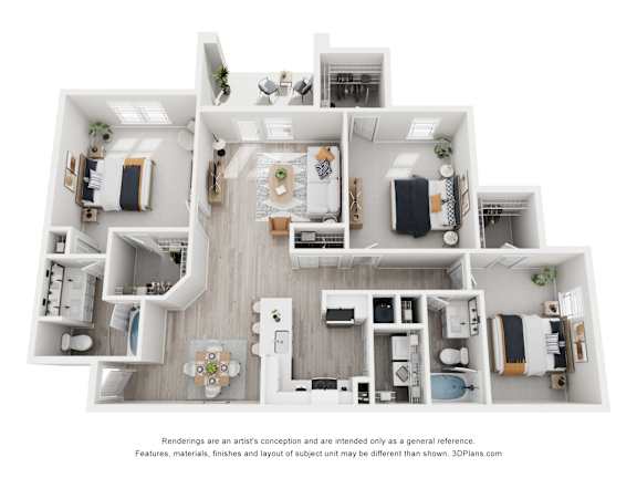 A 3D floor plan of a house with multiple rooms and furniture.