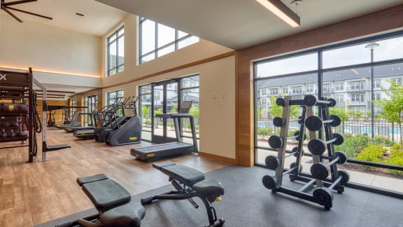 a gym with weights and other exercise equipment and large windows at Ainsworth, Virginia, 23228