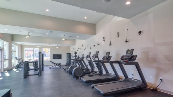 a gym with cardio equipment and weights in a building with windows at The View at Blue Ridge in Roanoke, Virginia 24017