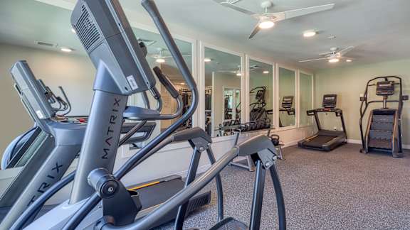 A gym with a treadmill, elliptical machines, and other exercise equipment.