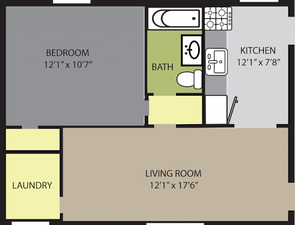 A floor plan shows a bedroom, a living room, a kitchen, and a laundry area.