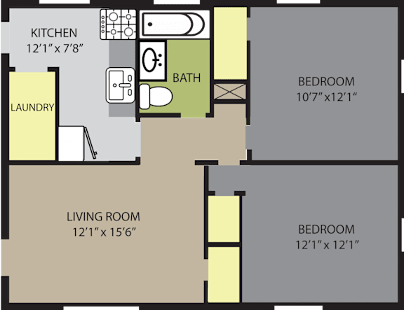 A floor plan of a small apartment with a living room, kitchen, bathroom, and two bedrooms.