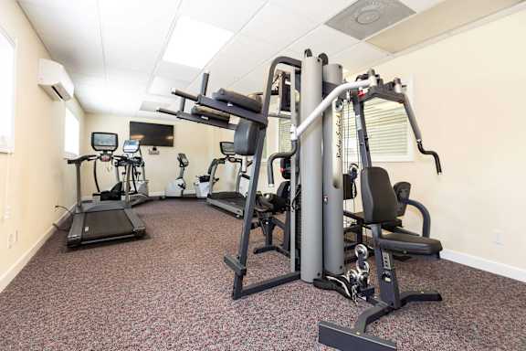 A gym with a treadmill, elliptical trainer, and a weight machine.