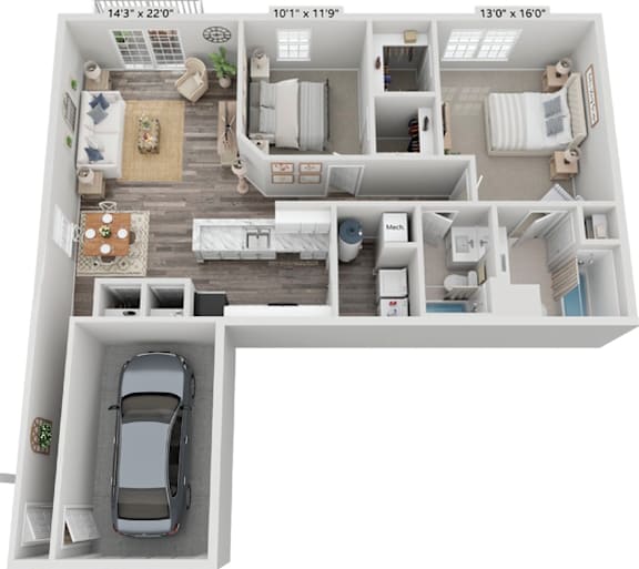 A 3D floor plan of a house with a car parked in the garage.
