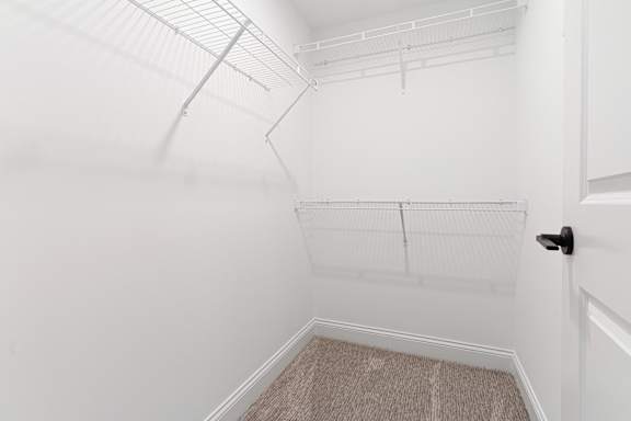 A white closet with a carpeted floor and a black door handle.