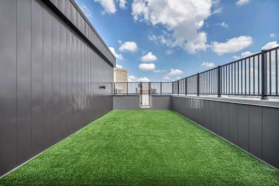 A small patch of grass sits between two grey walls.