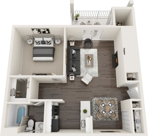 a 3d rendering of a bedroom with a living room