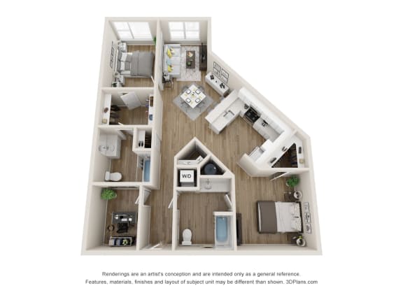 1 Bed 1 Bath Floor Plan | 1,159 Sq. Ft. at The Falstaff, Raleigh, NC, 27610