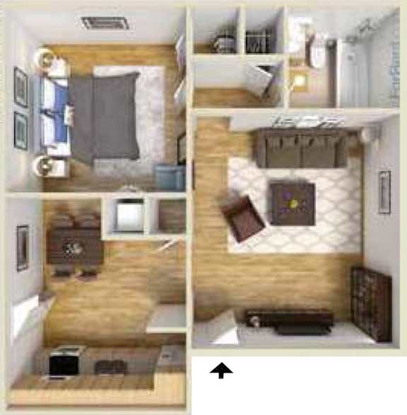 A 3D floor plan of a small apartment with a bedroom, living room, and kitchen.