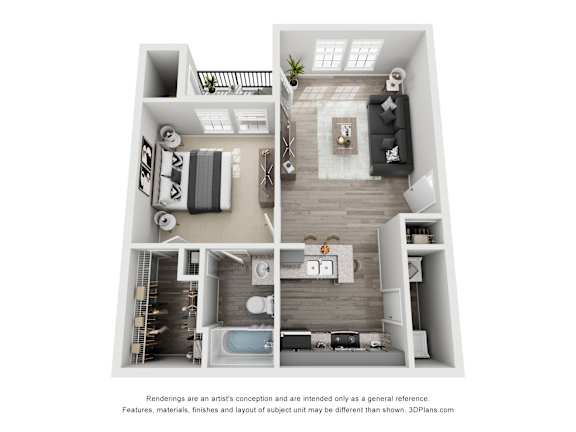 A 3D floor plan of a small apartment with a living room, kitchen, and bathroom.
