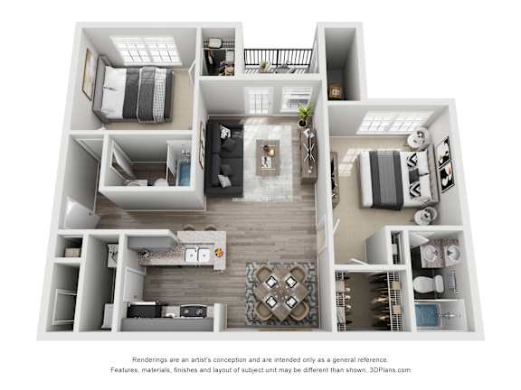 A 3D floor plan of a house with a kitchen, living room, and bathroom.