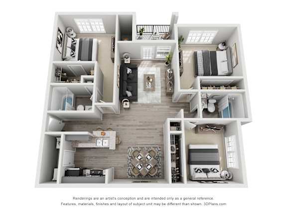 A 3D floor plan of a house with a kitchen, living room, and two bedrooms.