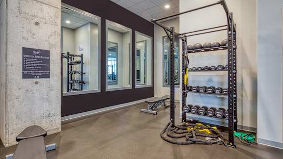 A gym with a rack of dumbbells and a bench.