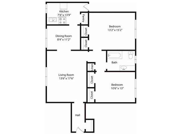A floor plan of a house with a kitchen, living room, dining room, bathroom, and two bedrooms.