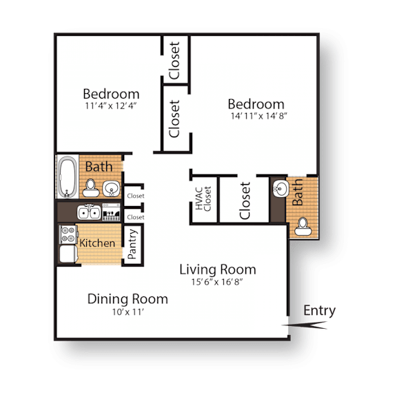 A floor plan of a living space with a kitchen, dining room, and three bedrooms.