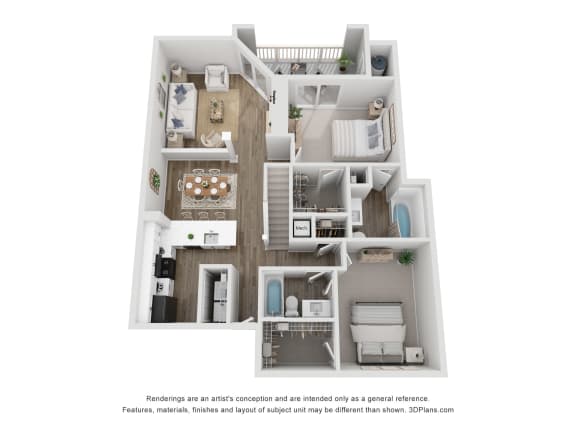 a stylized floor plan of a 1 bedroom apartment